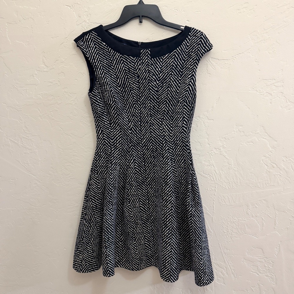 Chopin Roma‎ Black White Chevron Fit Flare Dress Cap Sleeve Made Italy TG 44